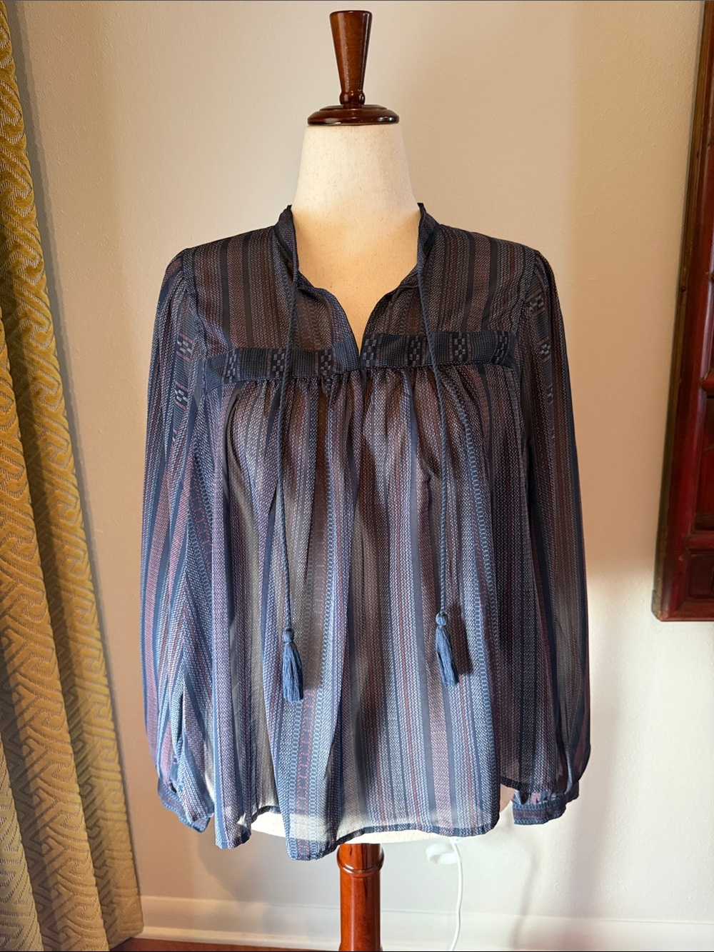 Lucky Brand Navy and Blue Striped Peasant Blouse with Tassels